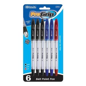 BAZIC Progrip Assorted Color Capped Ball Point Stick Pen w/Grip (6/Pack)